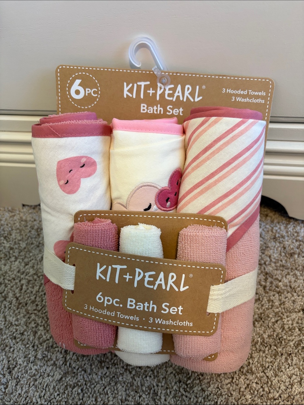 Pink & White 6pc Kids Hooded Towel and Washcloth Bath Set
